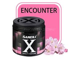 Sameli X product with pink packaging and cherry blossoms on a white background