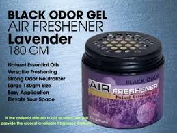 Black odor gel air freshener with lavender scent on a light blue background