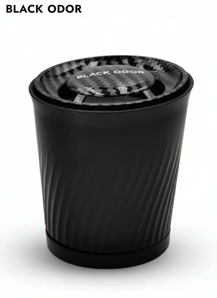 Black container with 'BLACK ODOR' branding on a white background