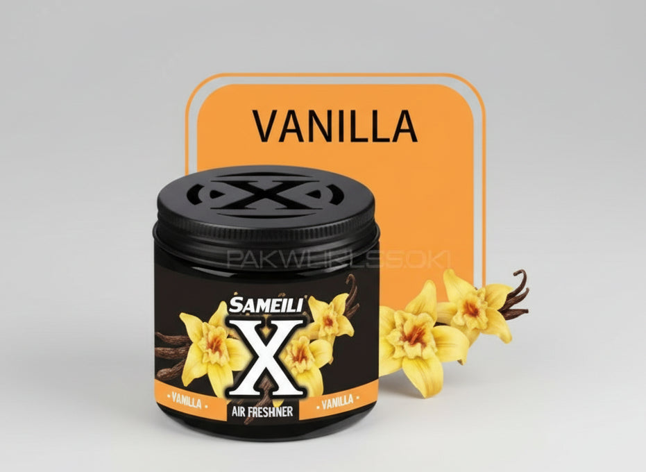 Air freshener jar with vanilla scent and yellow flowers on a white background