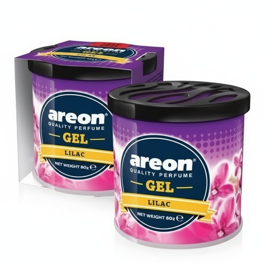 Two containers of Areon gel with packaging on a white background