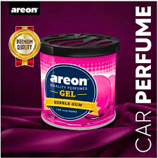 Areon car perfume gel with pink and black design on a purple background