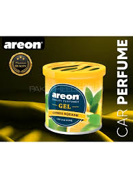 Areon car perfume gel with brand logo and product details on a black background