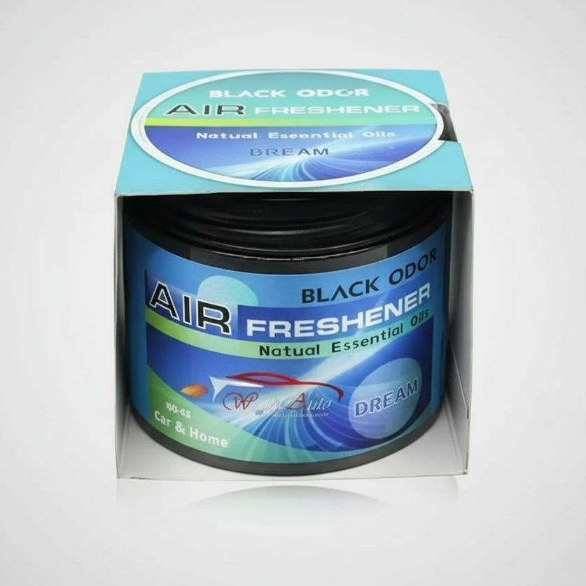 Air freshener container with blue label and black lid on a white background