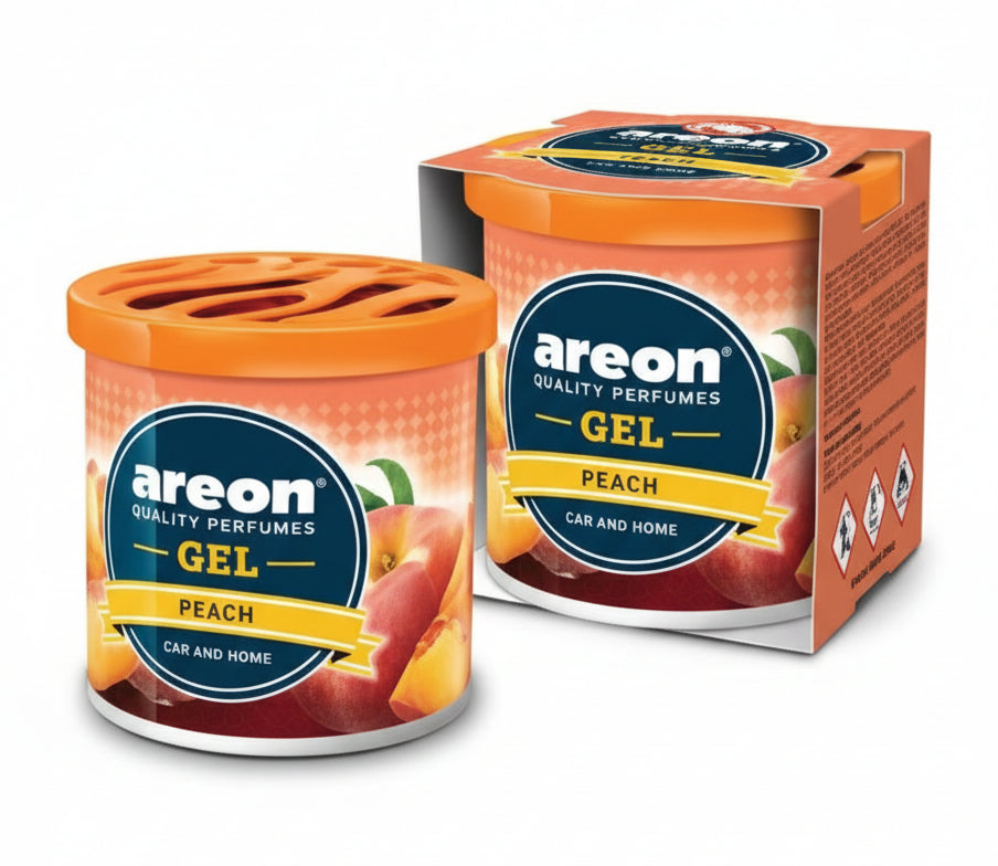 Two containers of Areon gel with packaging on a white background