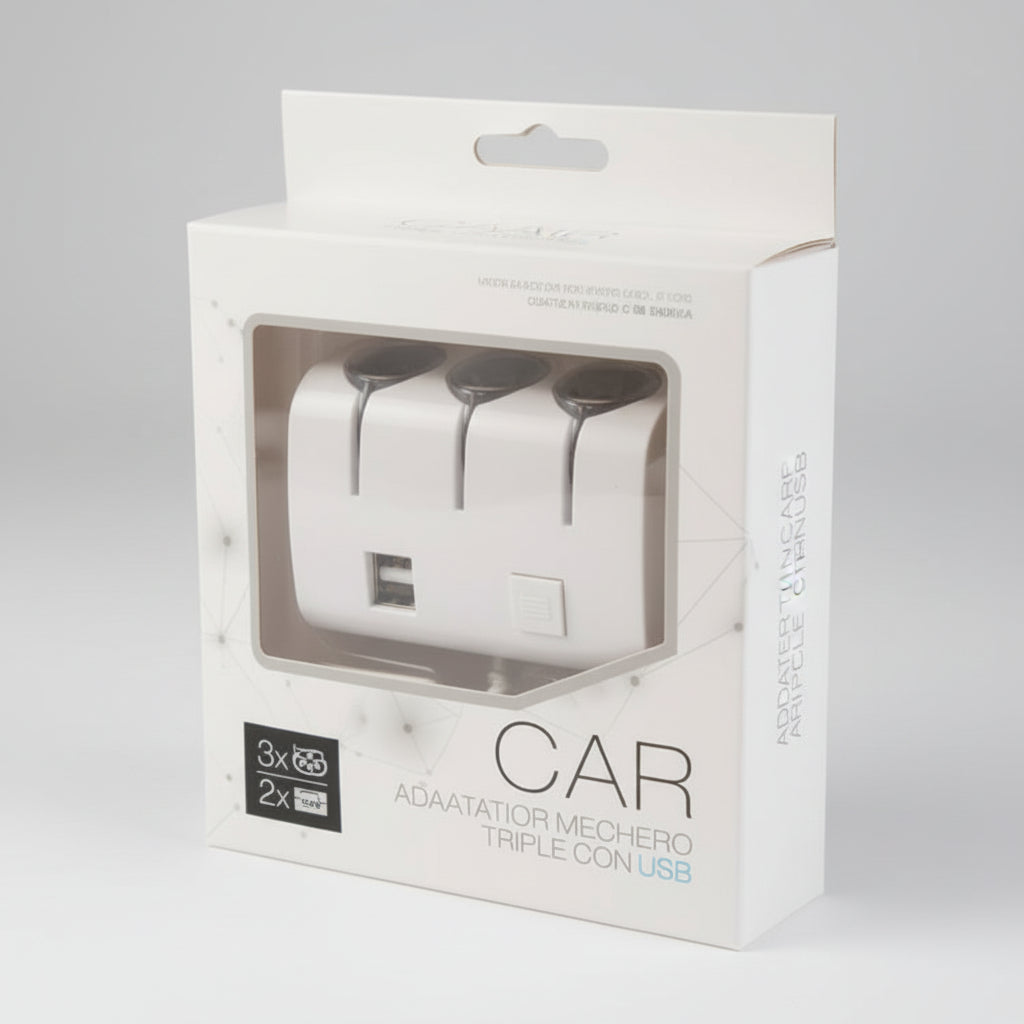 White car charger in packaging on a white background