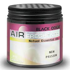 Air freshener jar labeled 'Black Odor' with 'New Passion' fragrance on a white background