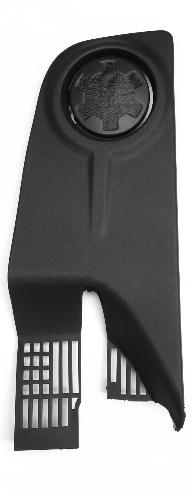 Black rubber boot with a circular component on a white background