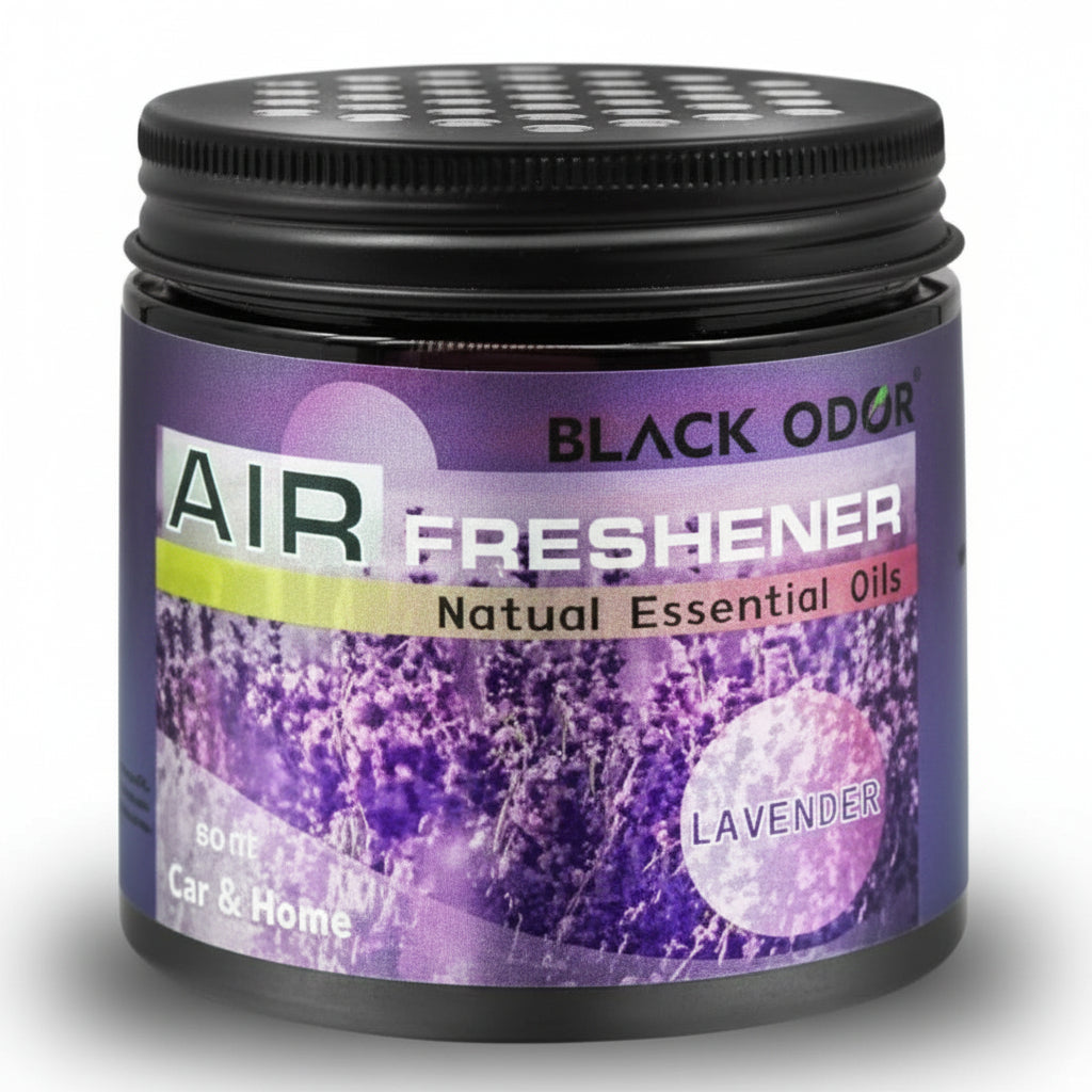 Air freshener container with black lid and purple label on a white background
