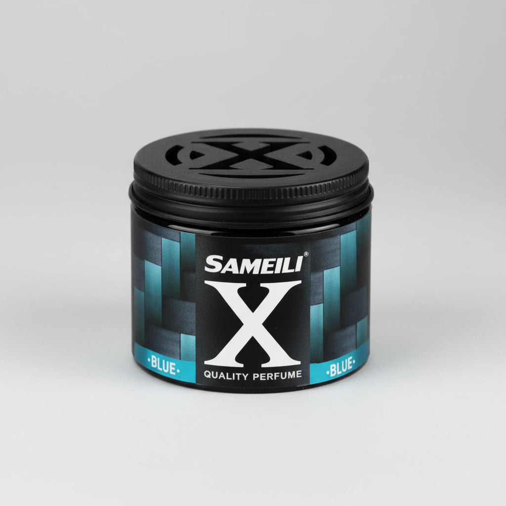 Black container with 'Samelli X' branding surrounded by decorative elements