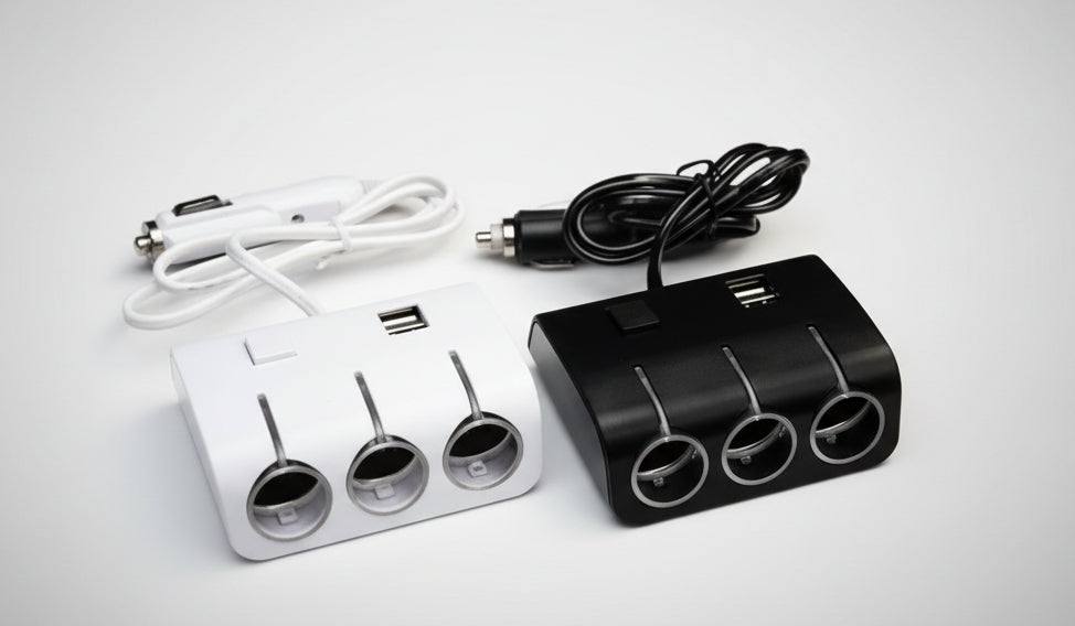 Set of car chargers with multiple ports on a white background