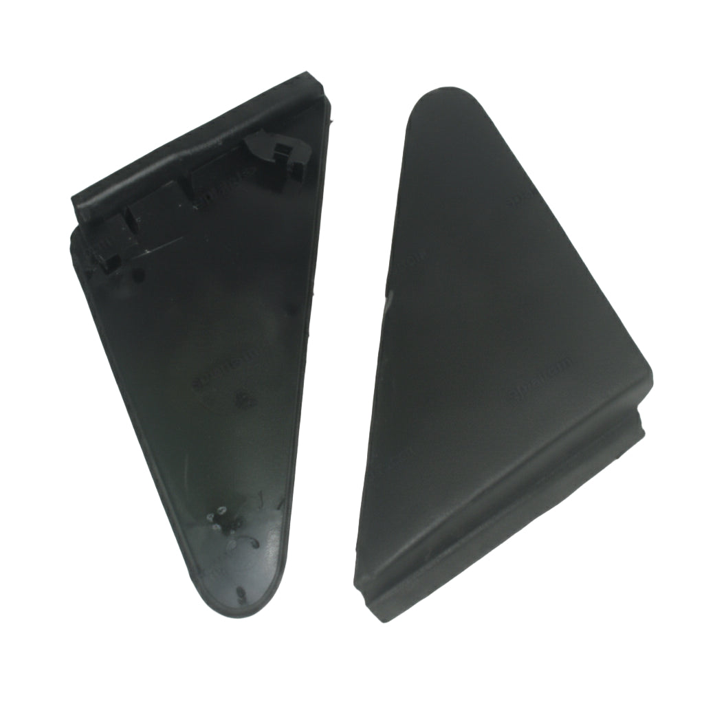 Two black triangular plastic brackets on a white background