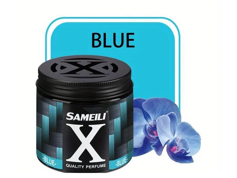 Black jar of Sameili X perfume with blue label and orchid on a white background