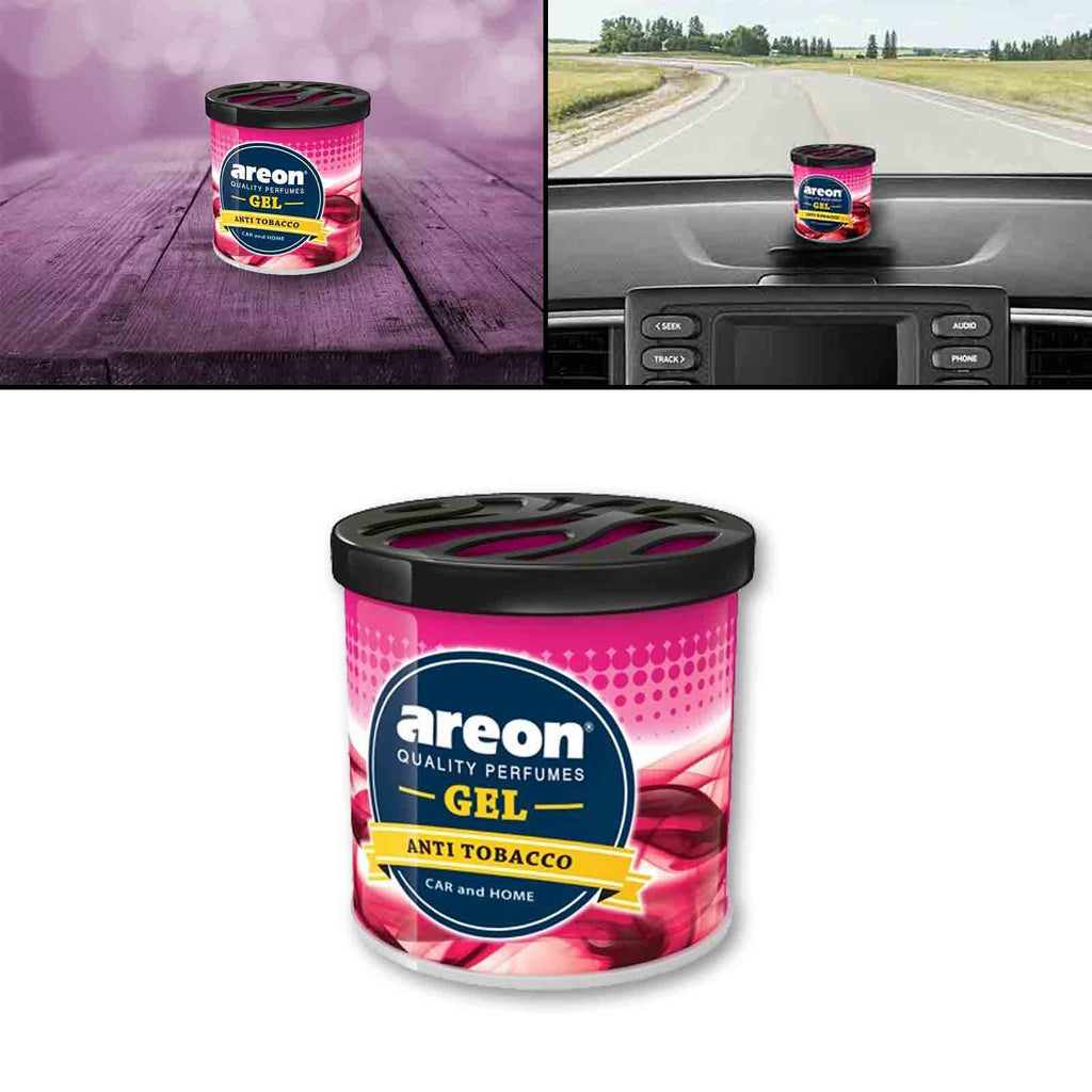 Areon quality perfumes gel container with road and car interior background