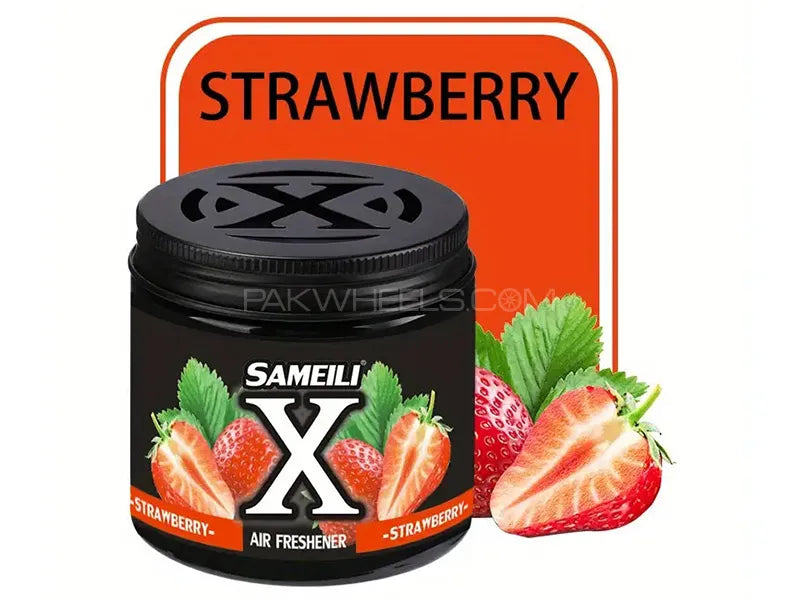 Sameili X strawberry air freshener with strawberries and green leaves on a white background