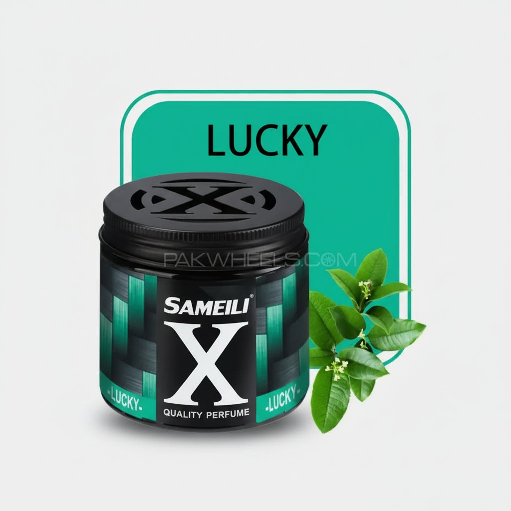Sameiu X Lucky perfume jar with green leaves on a white background