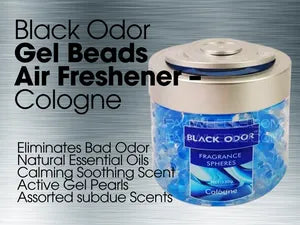 Black Odor Gel Beads Air Freshener with product packaging on a gray background