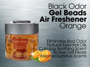 Black Odor Gel Beads Air Freshener with oranges on a metallic background