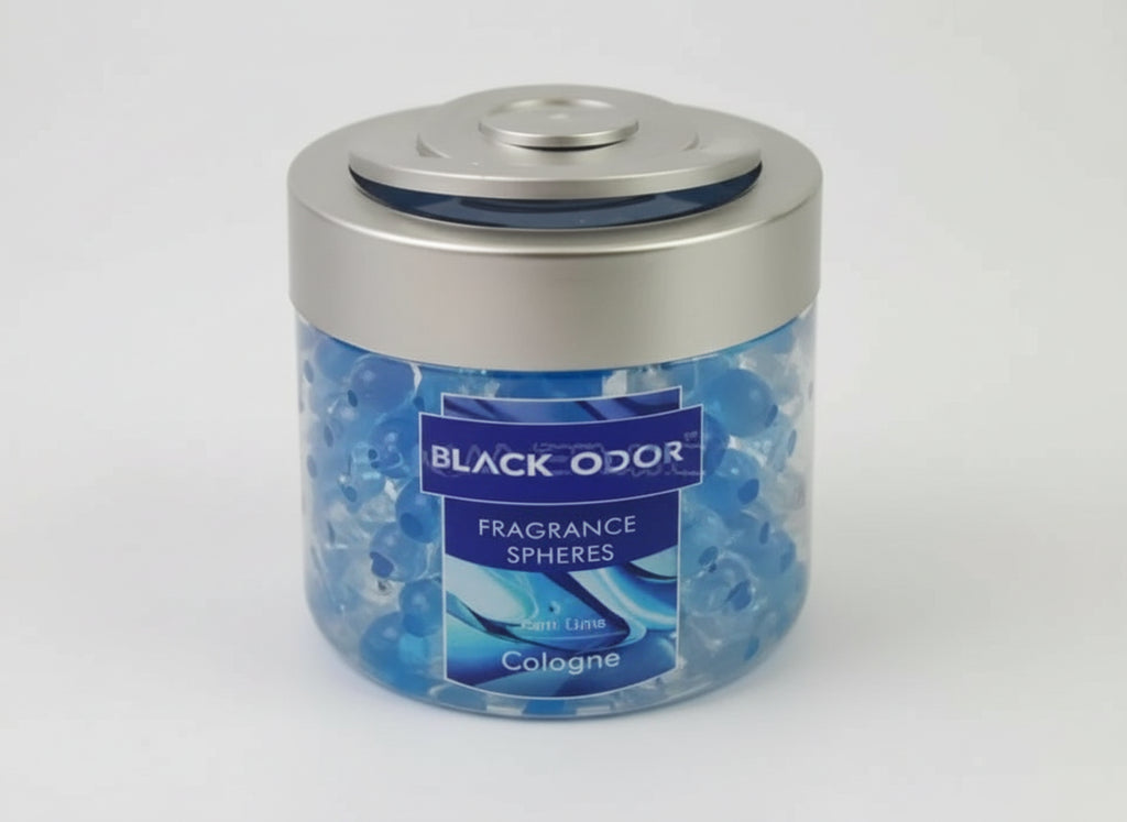 Black Odoz fragrance sprayer with blue label on a white background